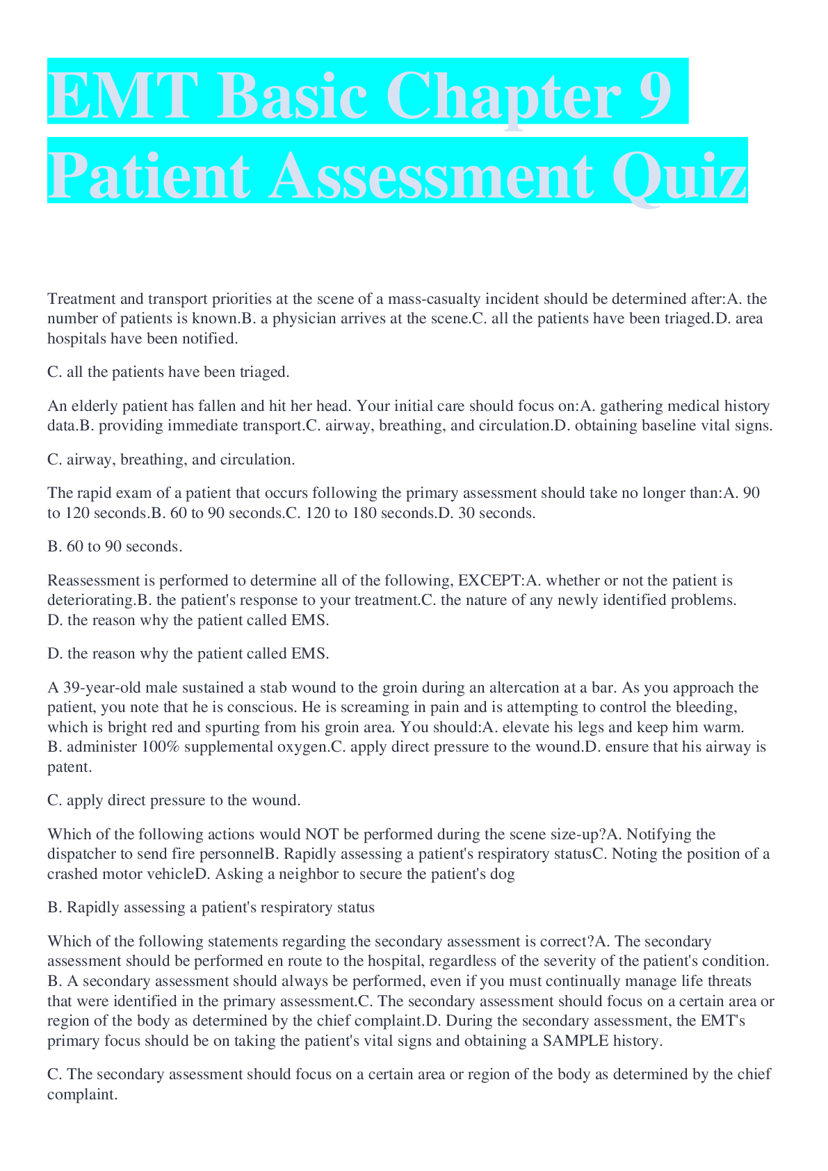 EMT Basic Chapter 9 Patient Assessment Quiz(Answered correctly) Browsegrades